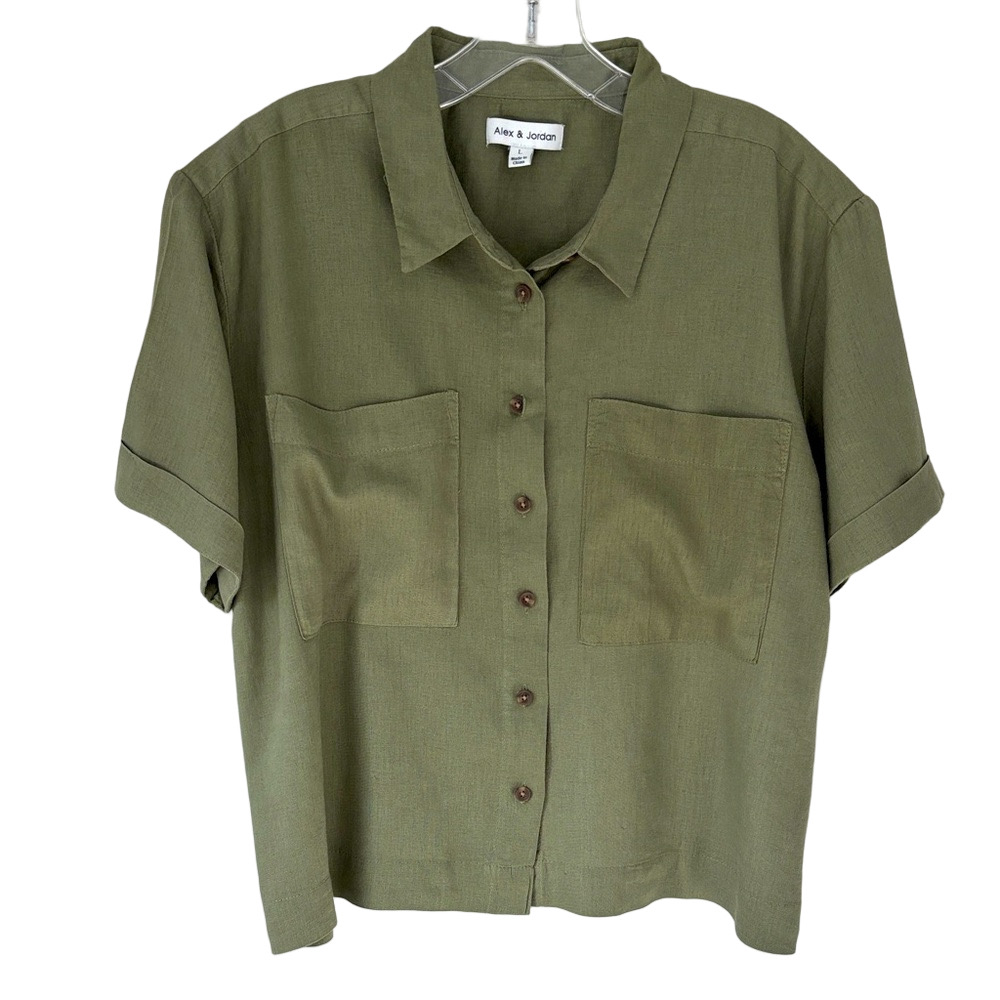 Alex & Jordan Linen Blend Olive Green Cropped Top Jacket Front Buttons Size LG